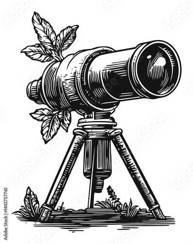 Hand Drawn Engraving of Vintage Telescope Surrounded by Leaves