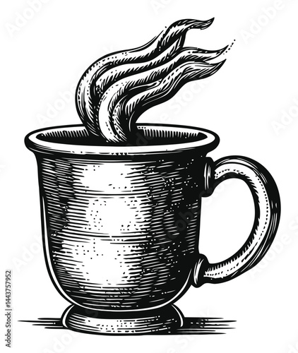 Vintage Hand-Drawn Engraving of a Steaming Cup of Coffee