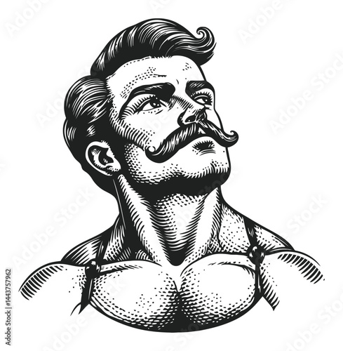 Vintage Hand-Drawn Engraving Illustration of Muscular Man with Mustache