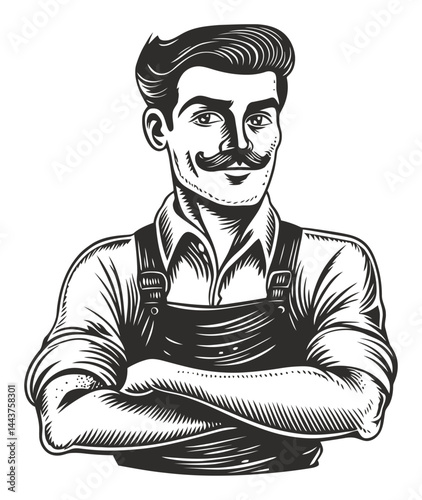Vintage Hand-Drawn Illustration of Confident Man with Mustache