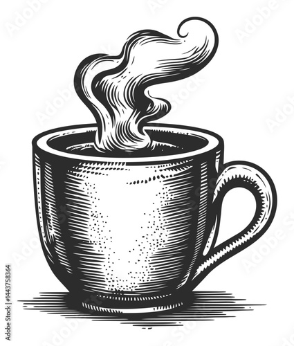 Vintage Hand-Drawn Engraving of a Steaming Coffee Cup Illustration