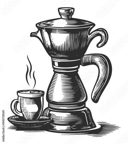 Vintage Hand Drawn Engraving of Coffee Pot and Cup Illustration