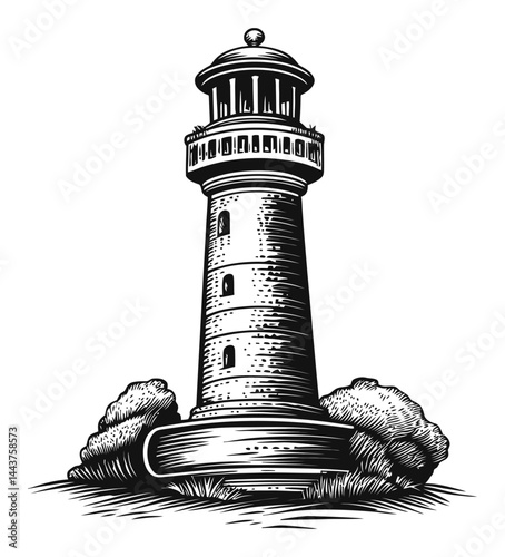 Hand-Drawn Engraving Illustration of a Historic Lighthouse