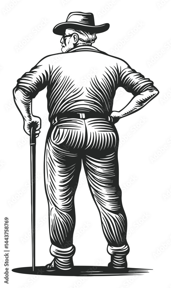 Obraz premium Vintage Hand-Drawn Engraving of Elderly Man with Walking Cane