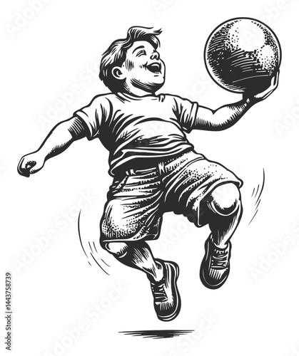 Joyful Child Engaging in Play with a Ball in Classic Engraving Style