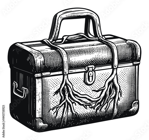 Vintage Hand-Drawn Engraving of a Toolbox with Decorative Roots