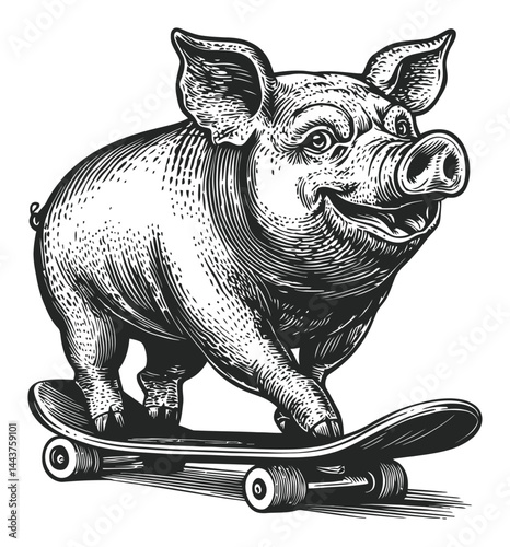 Hand-Drawn Engraving of a Pig Skateboarding in Vintage Style