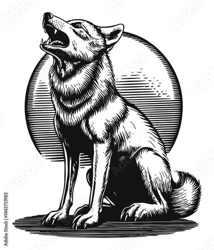 Detailed Hand-Drawn Engraving of a Howling Wolf Against the Moon