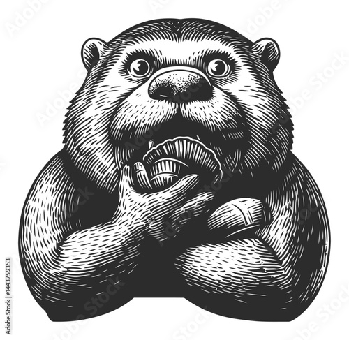 Detailed Engraving of a Hand-Drawn Otter Holding a Shell