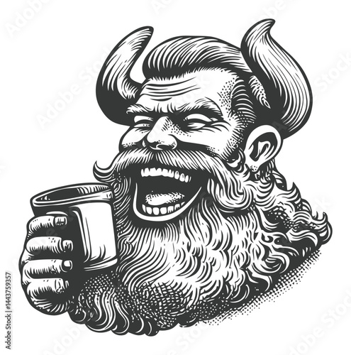 Vintage Hand-Drawn Illustration of a Cheerful Beard Man with Horns