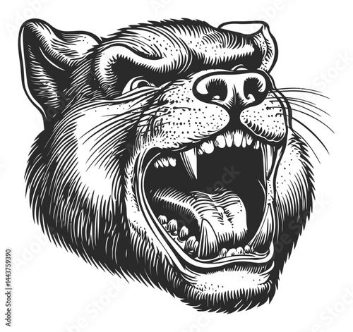 Fierce Hand-Drawn Engraving of a Roaring Bear Head Illustration