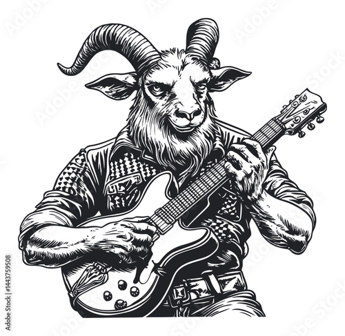 Hand-Drawn Goat Playing Guitar Engraving Illustration Artwork