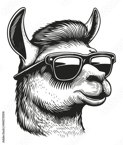 Cool Llama with Sunglasses in Detailed Hand-Drawn Engraving Style