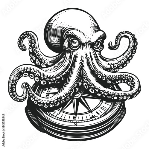 Engraved Hand-Drawn Illustration of a Fierce Octopus with Compass