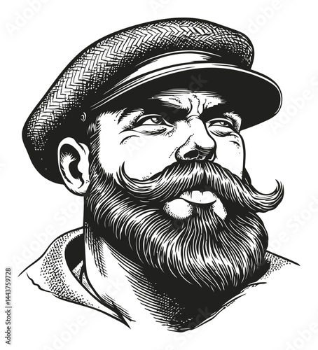 Vintage Hand-Drawn Engraving of a Bearded Man in a Cap