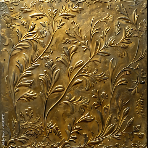 Detailed close-up of antique gold or brass metal tile with embossed floral and vine patterns. Ornate, textured background with intricate relief craftsmanship.
