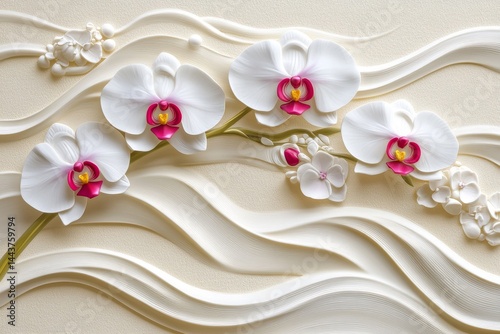 Elegant white orchids on a sculpted, flowing background.
