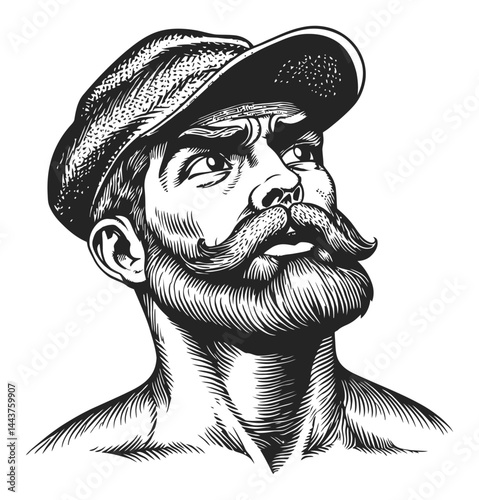 Vintage Hand-Drawn Engraving of a Strong Man with Mustache
