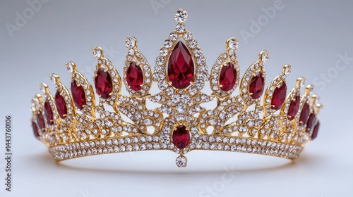 A regal tiara with  red gems and diamonds