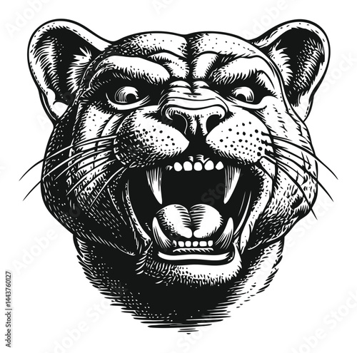 Detailed Hand-Drawn Illustration of a Fierce Lioness Head Engraving