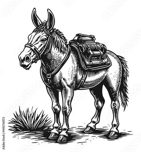 Detailed Hand-Drawn Engraving of a Horse with Saddle Illustration