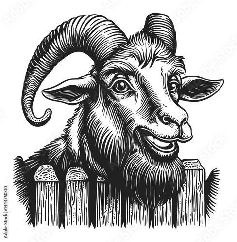 Detailed Engraving of a Cheerful Goat Head in Black and White Style