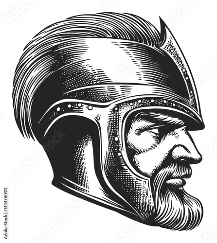 Detailed Hand-Drawn Engraving of a Helmeted Warrior Profile