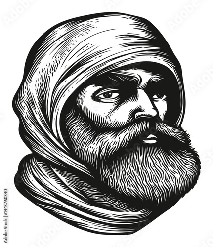 Detailed Hand-drawn Engraving of a Bearded Man in a Hood