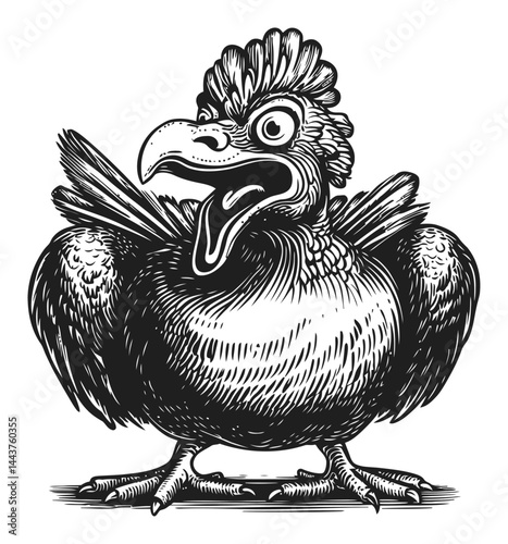 Detailed Hand-Drawn Engraving of a Bird with Exaggerated Features