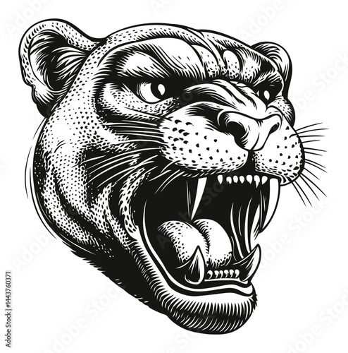 Black and White Hand-Drawn Engraving of a Roaring Panther Head