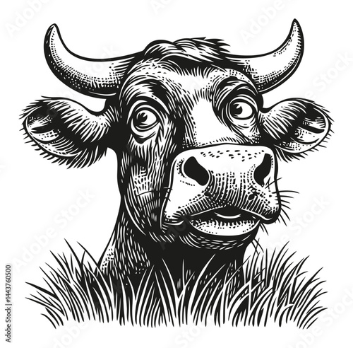 Detailed Hand-Drawn Illustration of a Cow Engraving in Grass
