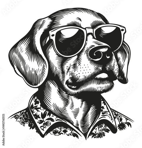 Stylish Dog Illustration with Sunglasses and Floral Shirt Design