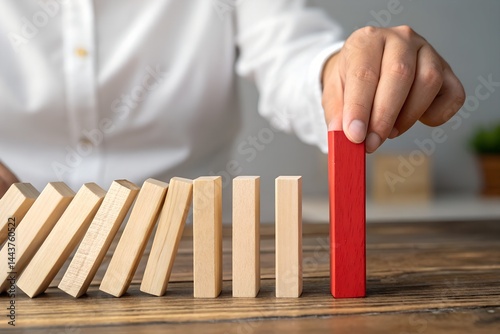 Strategic Barrier: A decisive hand prevents a chain reaction of wooden blocks, symbolizing control and strategic decision-making. This visual metaphor evokes feelings of authority and foresight.
