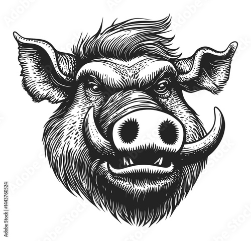 Detailed Hand-Drawn Engraving of a Wild Boar's Head Illustration