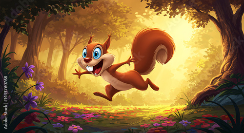 Cartoon squirrel happily running through a sunlit forest meadow filled with colorful flowers, creating a whimsical and cheerful scene