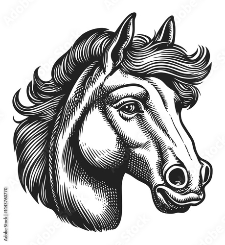 Detailed Hand-Drawn Engraving Illustration of a Horse Head