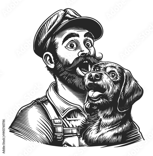 Detailed Hand-Drawn Engraving of a Man with a Charming Dog