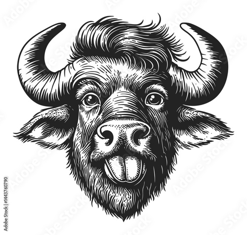 Hand-Drawn Engraving of a Detailed Buffalo Head Illustration