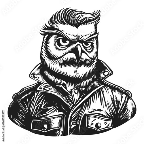Engraved Illustration of a Serious Owl Character in Jacket Design