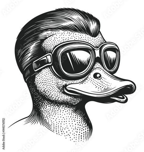 Vintage Hand-Drawn Engraving of a Duck with Goggles and Hairstyle