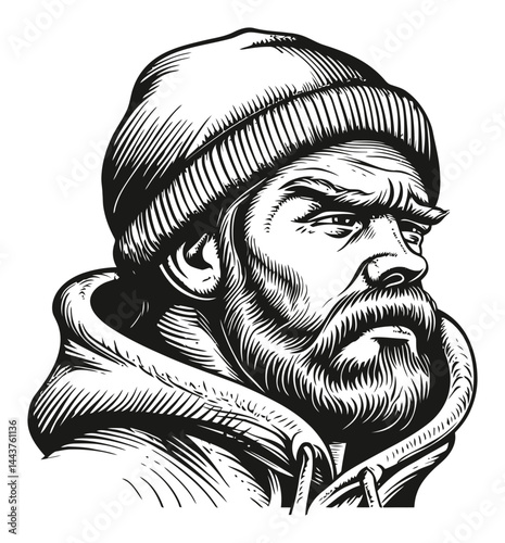 Hand-Drawn Engraving Illustration of a Thoughtful Bearded Man