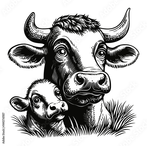 Hand-Drawn Engraving of a Cow and Calf in Detailed Illustration
