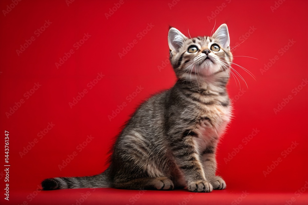 Obraz premium Curious Kitten on Red: A charming tabby kitten, eyes wide with curiosity, sits against a vibrant red background, gazing upwards with an air of playful inquisitiveness.