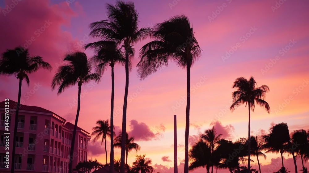 Obraz premium Aruba sunset: palms and buildings in winter.