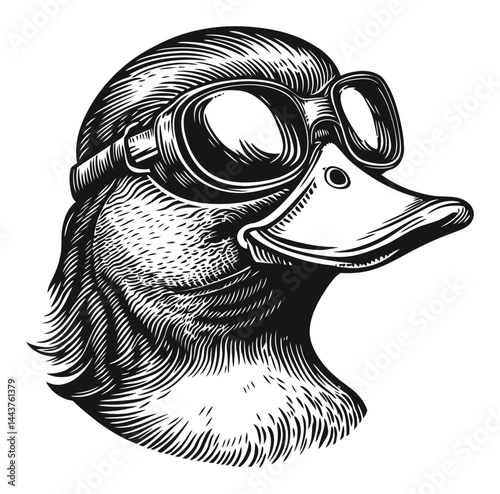 Engraved Illustration of a Duck Wearing Vintage Goggles