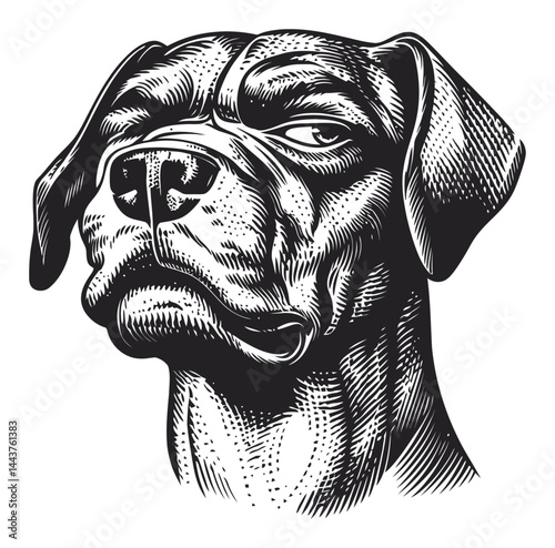 Hand Drawn Engraving Illustration of a Serious Looking Dog