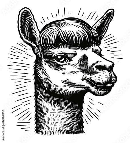 Detailed Hand-Drawn Engraving of a Llama with Unique Features