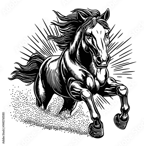 Dynamic Hand-Drawn Engraving Illustration of a Galloping Horse