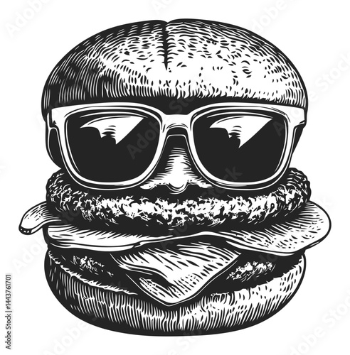 Hand-Drawn Engraving of a Hamburger Wearing Sunglasses