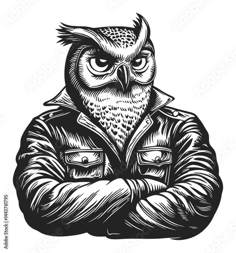 Hand Drawn Engraving of an Owl in a Leather Jacket Illustration